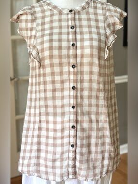 Good Hart Gingham Flutter Sleeve Button Front Boho Cottagecore Top M